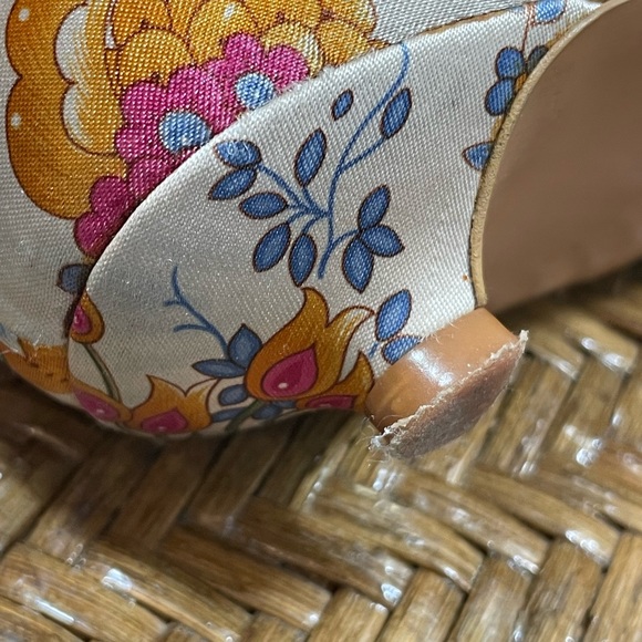 Lundi Bleu Floral Fringe Detail Round Toe Satin Multi Slip-on Kitten Heel - Picture 6 of 11